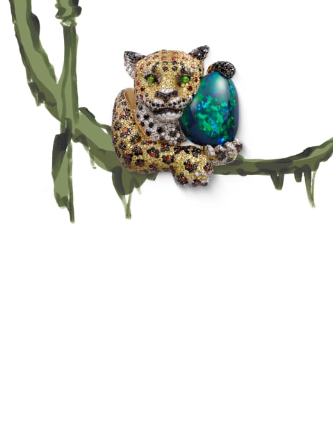 Ein prächtiger Jaguar-Ring mit Opal, der mit weissen und farbigen Diamanten besetzt ist.